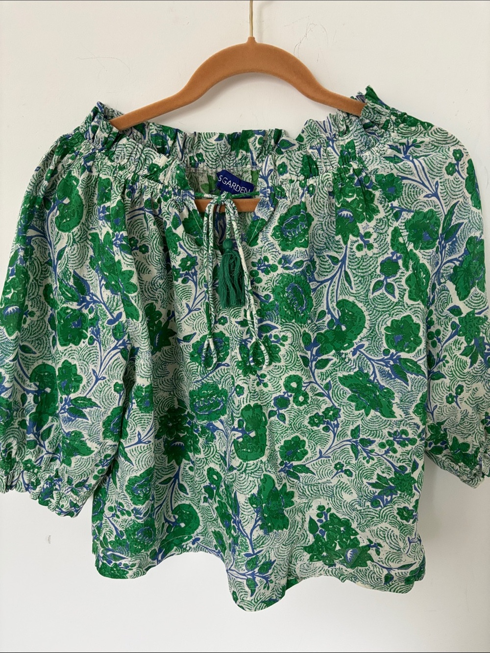 Ro’s Garden cotton boho blouse, 3/4 sleeves, green floral, tie front, size XS